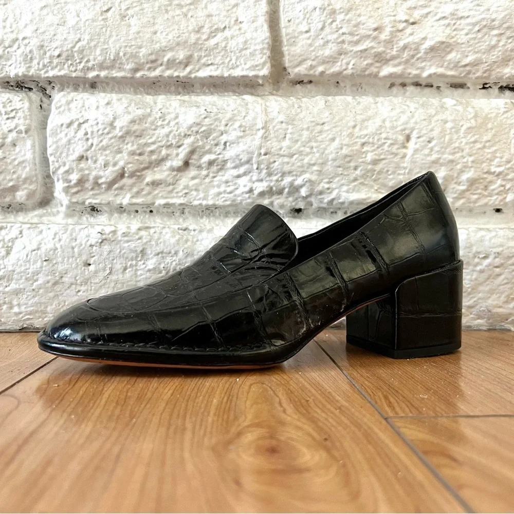 Vince Black Loafers Block Heel Croc Embossed